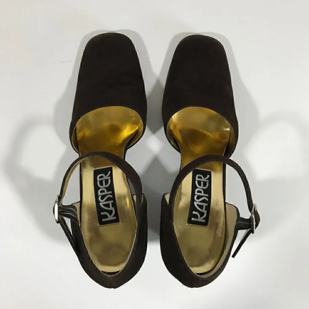 Vintage Kasper Brown Suede Oval Heel wAnkle Strap
